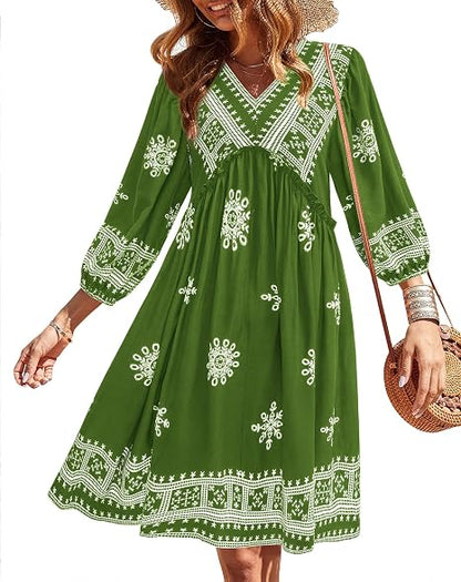 Women V Neck Ruffle Floral Flowy Boho Babydoll Dress