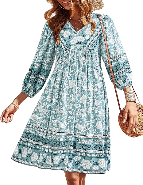 Women V Neck Ruffle Floral Flowy Boho Babydoll Dress