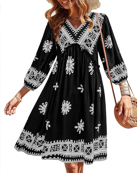 Women V Neck Ruffle Floral Flowy Boho Babydoll Dress