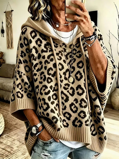 Women Leopard Print 3/4 Sleeve Hooded Knit Sweater