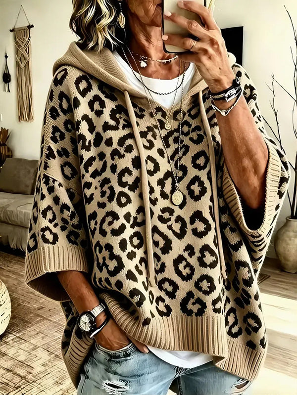 Women Leopard Print 3/4 Sleeve Hooded Knit Sweater