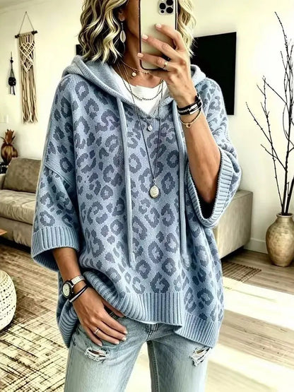 Women Leopard Print 3/4 Sleeve Hooded Knit Sweater