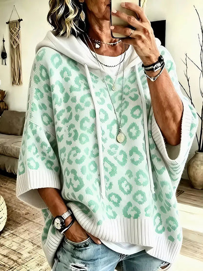 Women Leopard Print 3/4 Sleeve Hooded Knit Sweater
