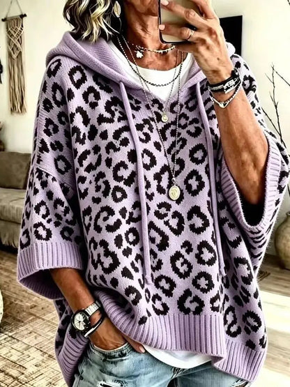 Women Leopard Print 3/4 Sleeve Hooded Knit Sweater