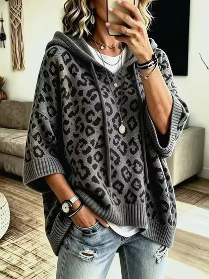 Women Leopard Print 3/4 Sleeve Hooded Knit Sweater