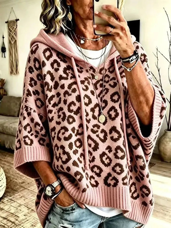 Women Leopard Print 3/4 Sleeve Hooded Knit Sweater