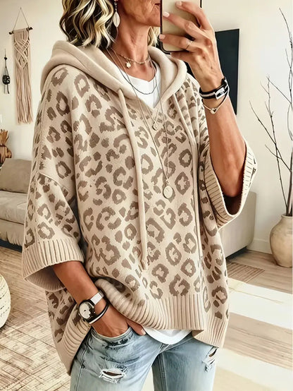 Women Leopard Print 3/4 Sleeve Hooded Knit Sweater