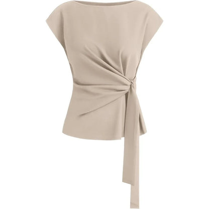 Womens Tie Waist Crew Neck Cap Sleeve Tops Elegant Blouse