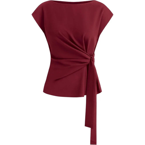 Womens Tie Waist Crew Neck Cap Sleeve Tops Elegant Blouse