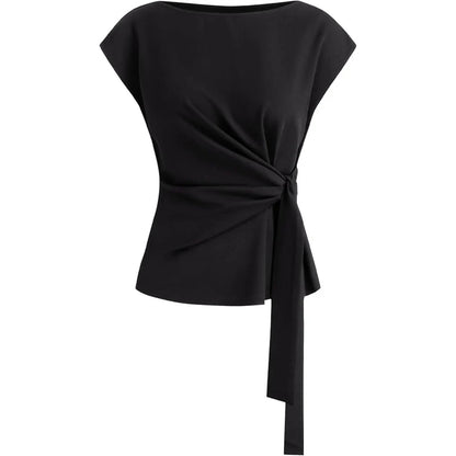 Womens Tie Waist Crew Neck Cap Sleeve Tops Elegant Blouse