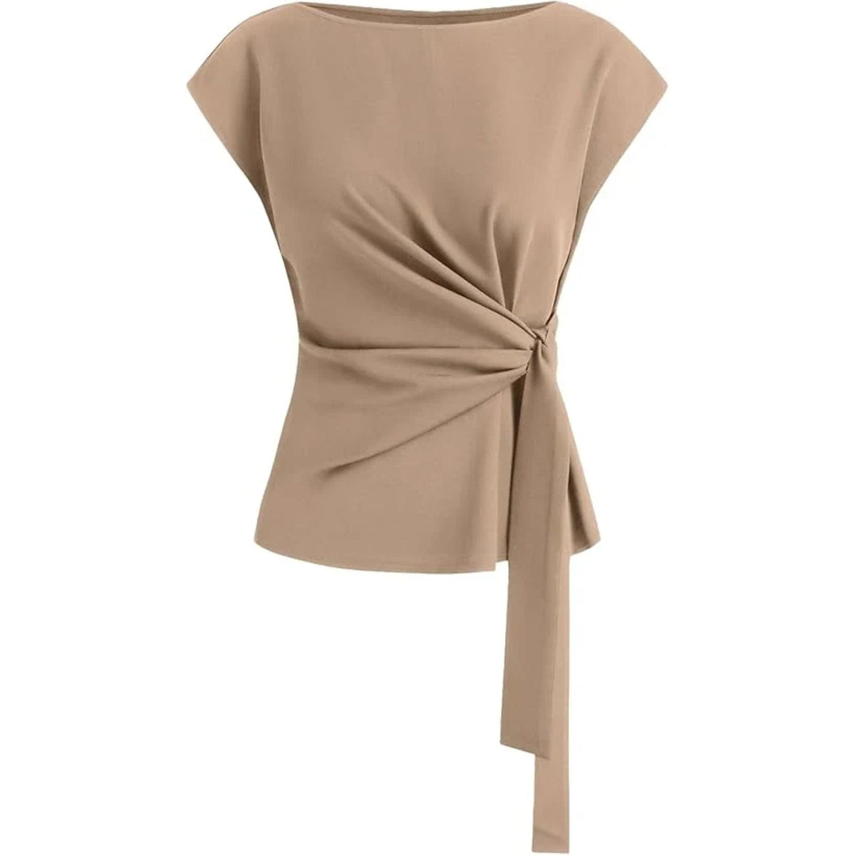 Womens Tie Waist Crew Neck Cap Sleeve Tops Elegant Blouse