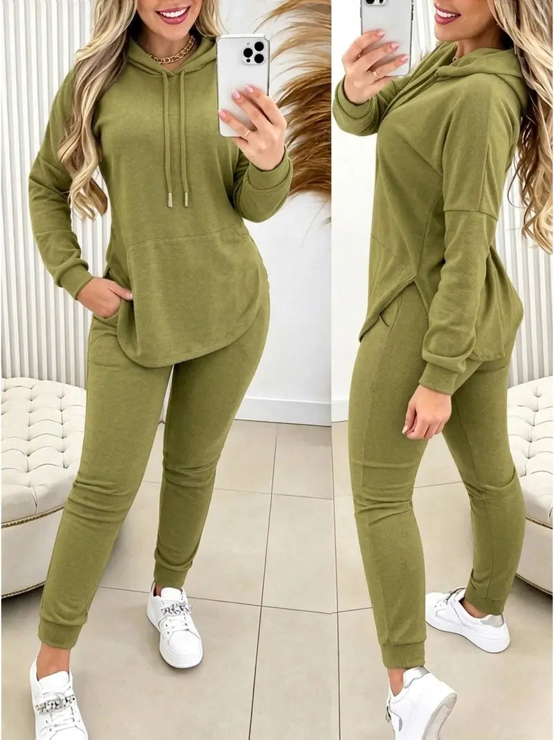 Women's Solid 2-Piece Outfit Drawstring Hooded Long Sleeve Top & Slim Fit Casual Pants