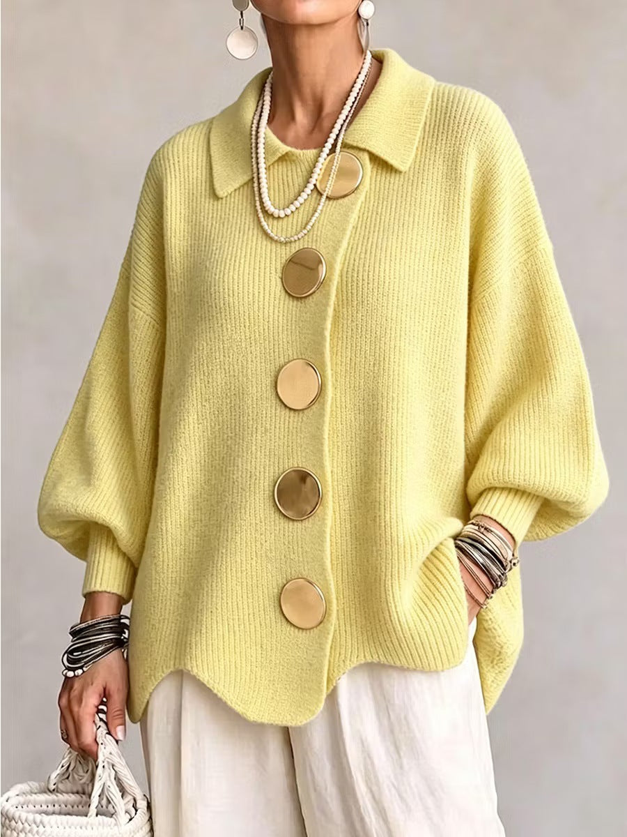 Limited time sale🔥Women French Lapel Irregular Hem Lantern Sleeve Knit Cardigan