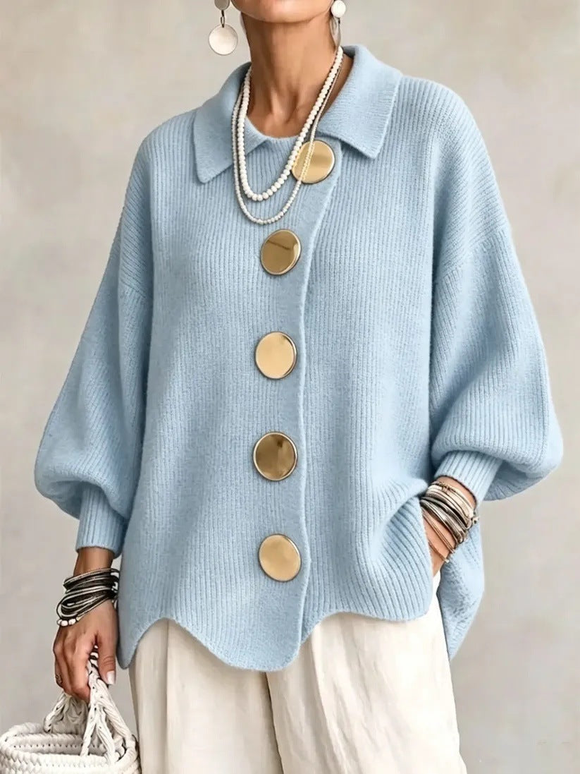 Limited time sale🔥Women French Lapel Irregular Hem Lantern Sleeve Knit Cardigan