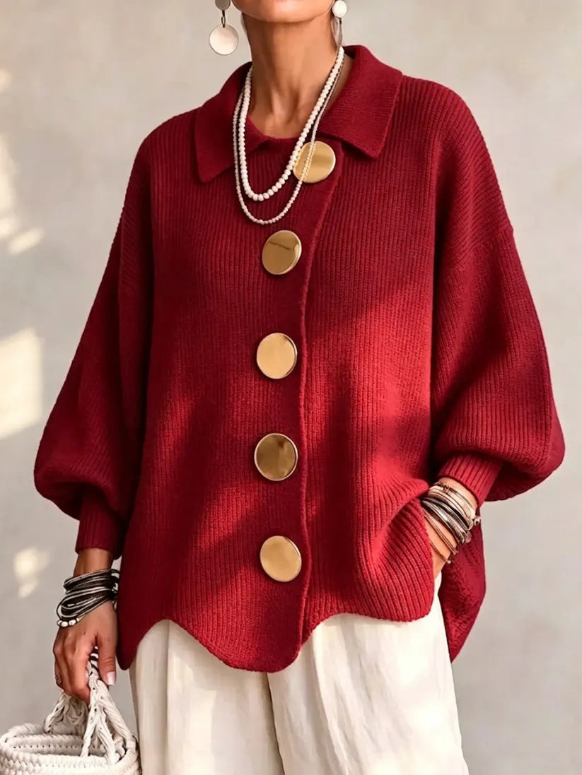 Limited time sale🔥Women French Lapel Irregular Hem Lantern Sleeve Knit Cardigan