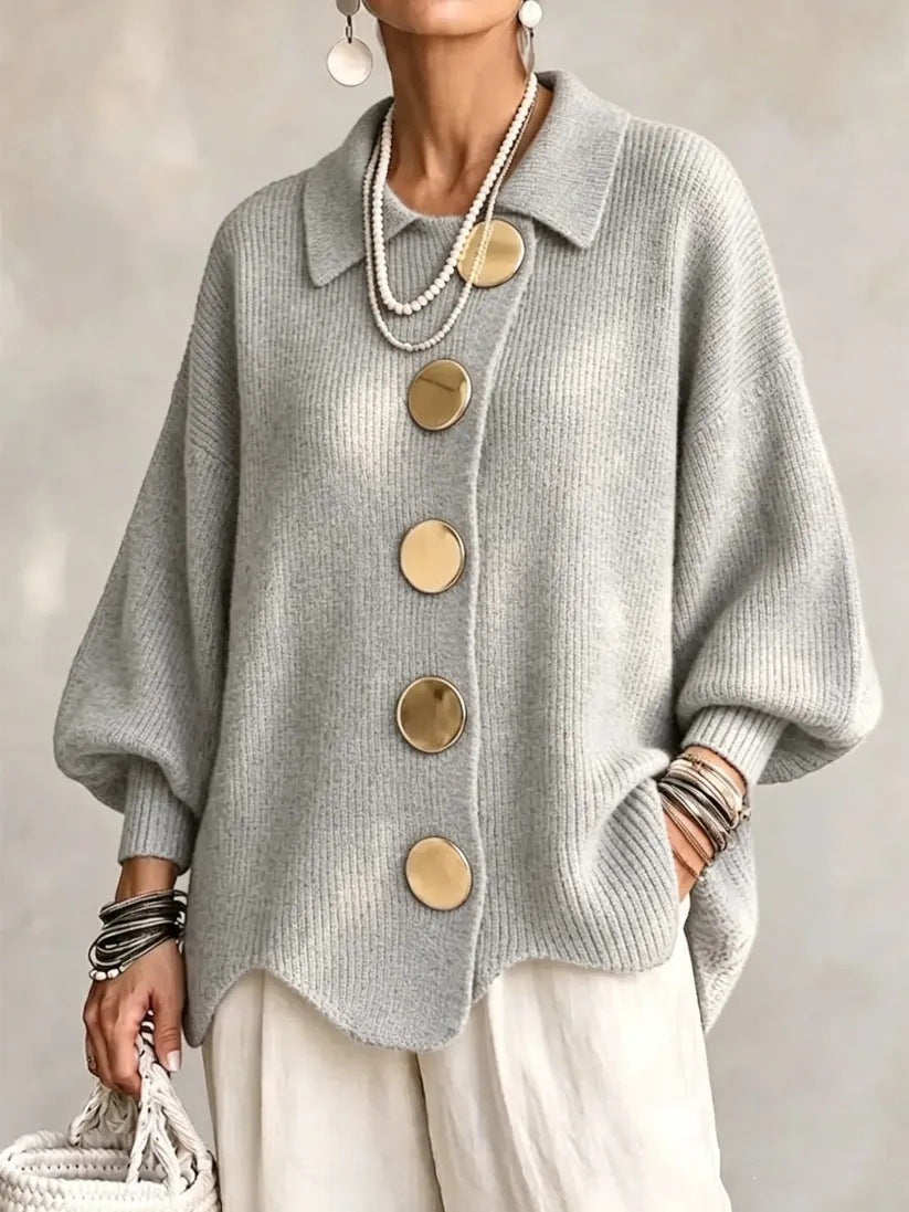 Limited time sale🔥Women French Lapel Irregular Hem Lantern Sleeve Knit Cardigan