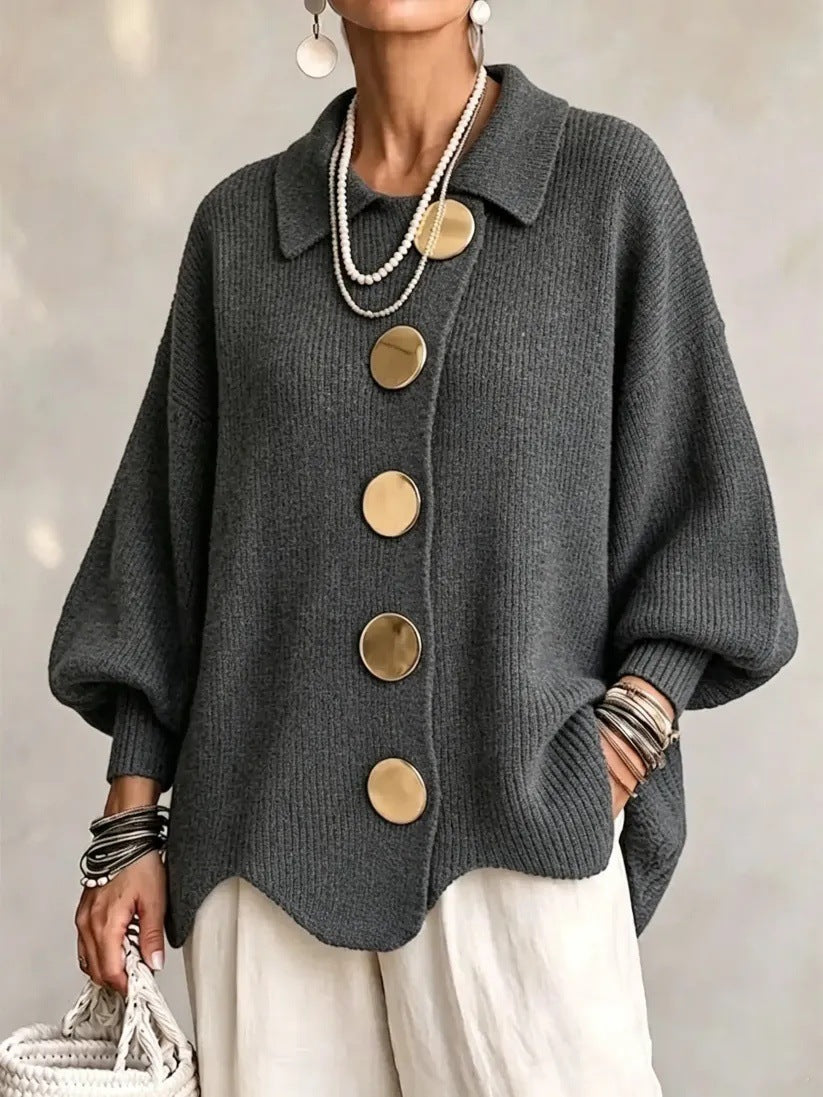 Limited time sale🔥Women French Lapel Irregular Hem Lantern Sleeve Knit Cardigan