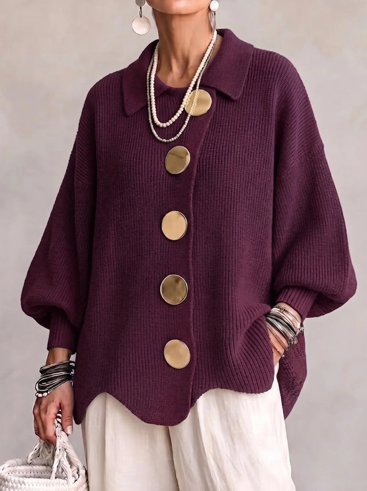 Limited time sale🔥Women French Lapel Irregular Hem Lantern Sleeve Knit Cardigan