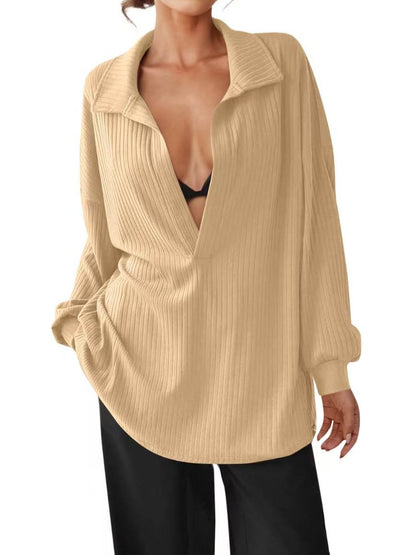 Womens Oversized Deep V Neck Sweatshirts Collared Long Sleeve Ribbed Knit Pullover Tops