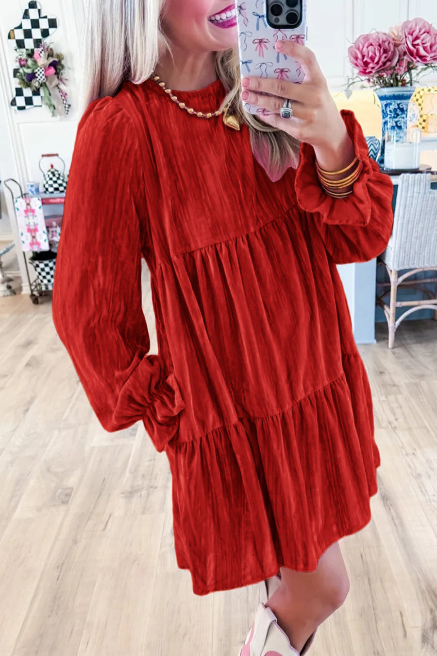 Women's Velvet Dress Gorgeous Pink Luxury Dress with Pockets