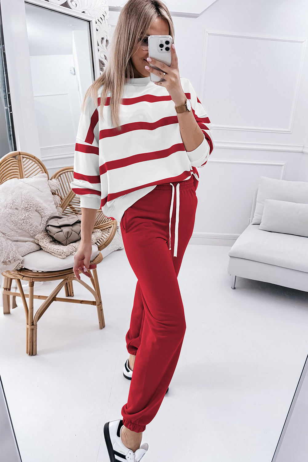 ✨Women's Stripe Drop Shoulder Pullover and Jogger Pants Set