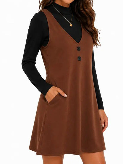Women 2‑Piece Set Long‑Sleeve Top & Pinafore Dress With Pockets