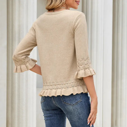 Women V Neck Eyelet Knit Pullover with 3/4 Ruffle Sleeve