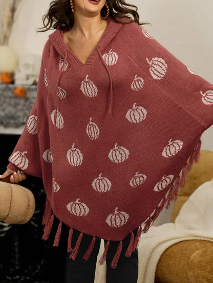 Women Halloween Pumpkin Hooded Poncho with Tassel Hem