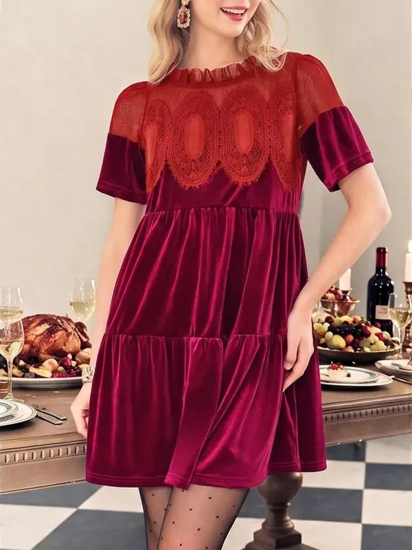 Women's Velvet Lace Babydoll Mini Dress