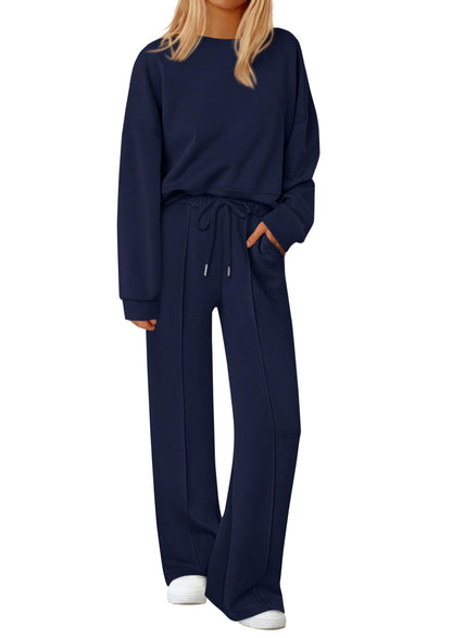 2 Piece Sets For Women Trendy Long Sleeve Sweatshirt Wide Leg Pants Loungewear Set