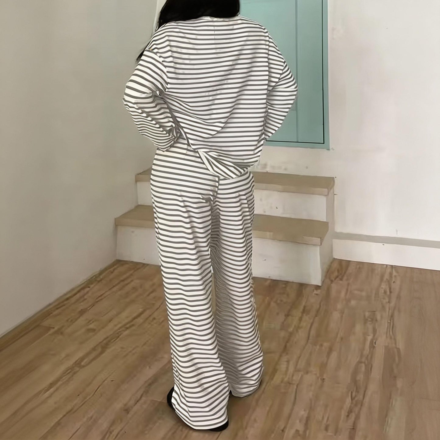 Women Striped 2 Piece Loungewear Set Crew Neck Top Wide Leg Pants