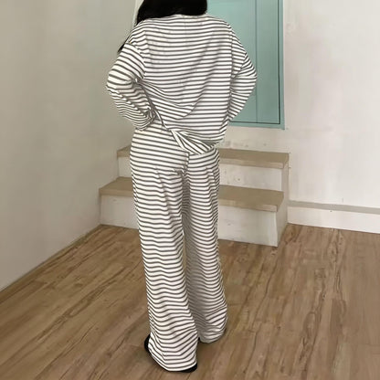 Women Striped 2 Piece Loungewear Set Crew Neck Top Wide Leg Pants