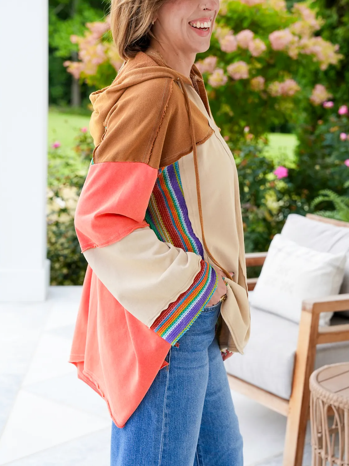 Hot Sale Colorblock Long Sleeve Top with Rainbow Crochet Details