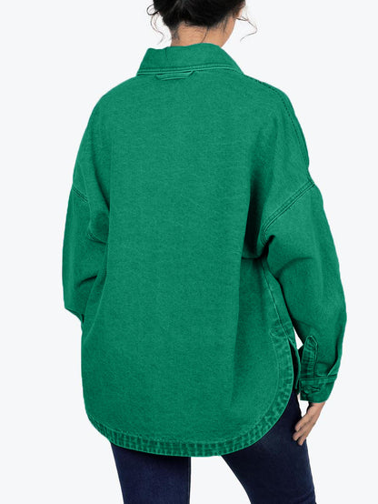 ✨Women's Solid Color Button Front Drop Shoulder Curved Hem Denim Jacket (Final Days: Big Savings!!!)