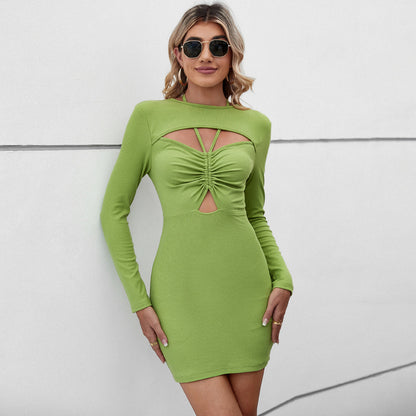 Casual Halter Neck Hollow Package Hip Short Long Sleeve Dress