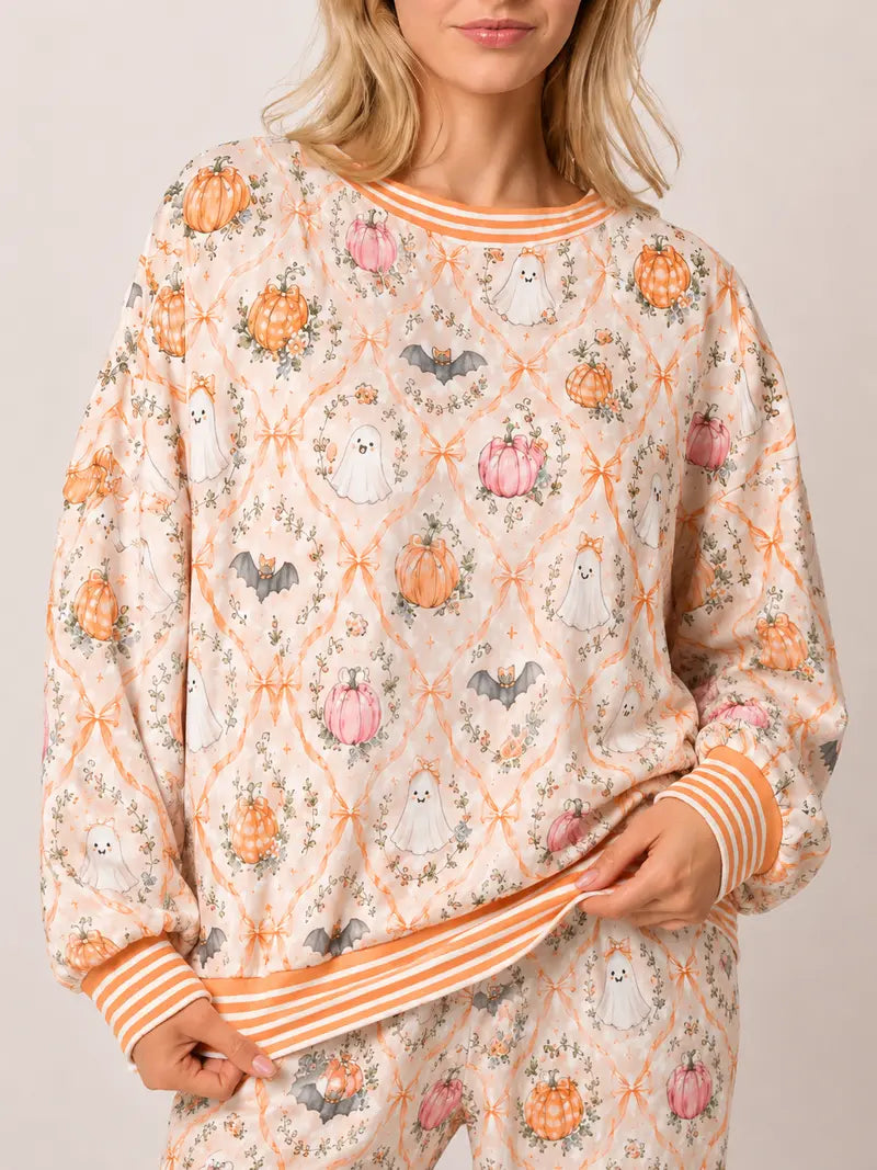 Women Halloween Pumpkin Ghost Print Long Sleeve 2 Piece Pajama Set