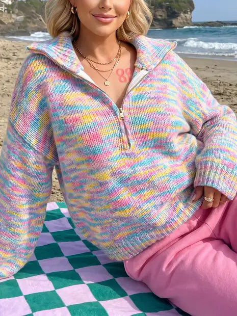 Hot Sale-Women's Oversized Rainbow Marled Half Zip Knit Sweater
