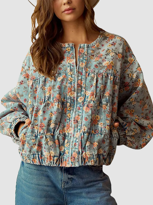 Women Y2K Floral Print Loose Zip Denim Short Jacket With Side Pockets