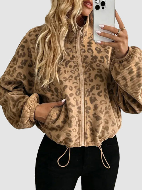 Hot Sale-Women's Cropped Zip Up Leopard Print Corduroy Jacket