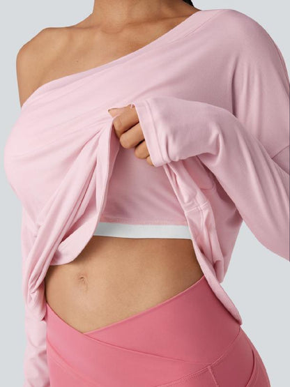 One Shoulder Long Sleeve Thumb Hole Curved Hem Top-Built-in Bra