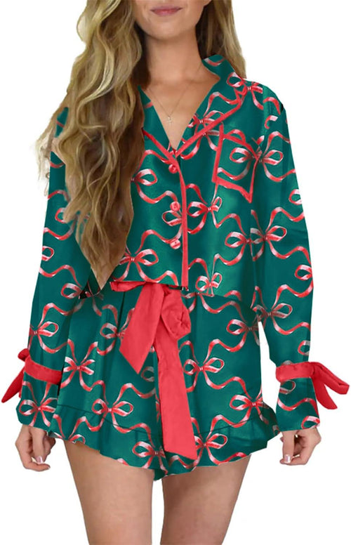 ✨Women's Cute Bow Tie Pjs Button Up Top and Ruffle Shorts Christmas Pajamas