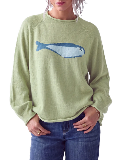 Fish Intarsia Knit Sweater Roll Edge Mock Neck Lantern Long Sleeve Loose Pullover