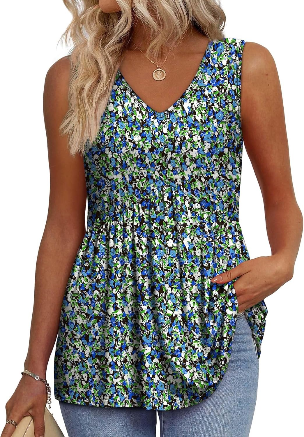 📣Women's Print Flowy Sleeveless V Neck Peplum Tank Tops