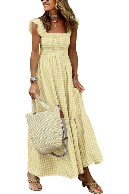 ✨Women's Retro Plaid Smocked Dress Spaghetti Strap Flounce Long Dress