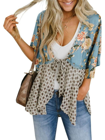 ⏰Hot Sale-Women's Floral Kimono Ruffle Sleeve Tie Cardigans Flowy Boho Loose Cover Ups