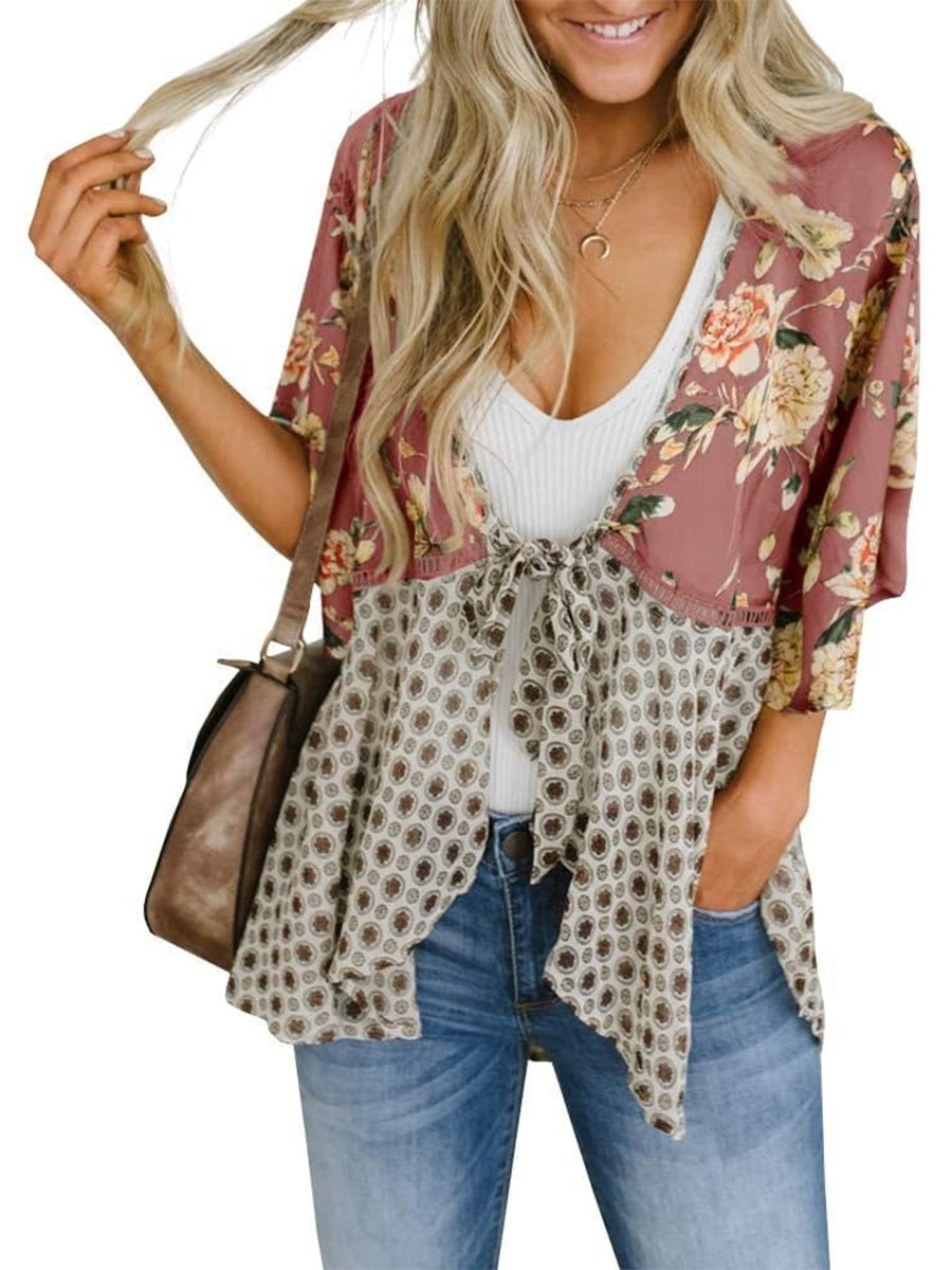 ⏰Hot Sale-Women's Floral Kimono Ruffle Sleeve Tie Cardigans Flowy Boho Loose Cover Ups