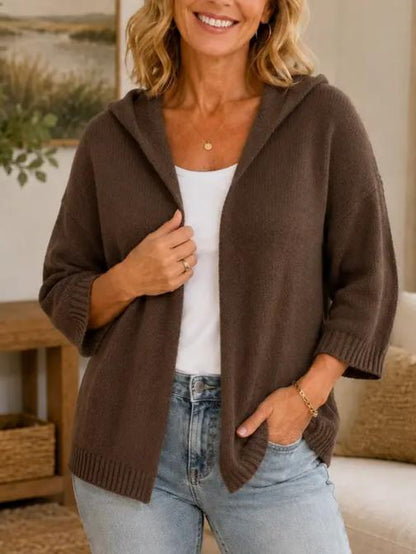 Women 3/4 Sleeve Hooded Knit Cardigan