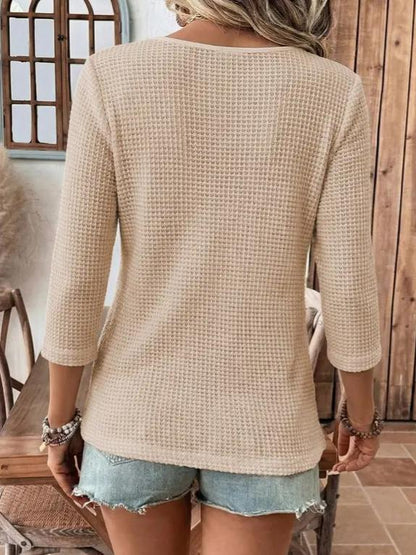 Women Lace Trim U Neck Waffle Knit Top