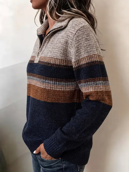 Hot Sale-Color Block Striped Half Zip Knit Pullover