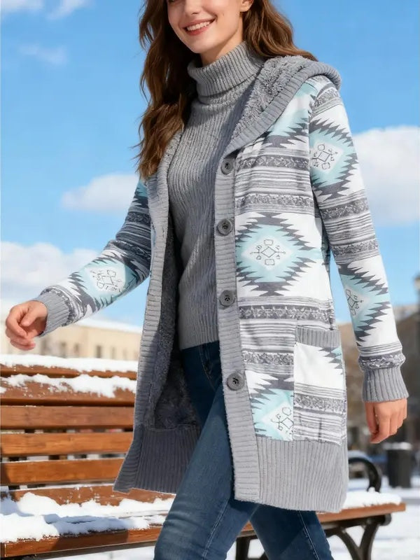 Y2K Geometric Fair Isle Hooded Button Knit Cardigan